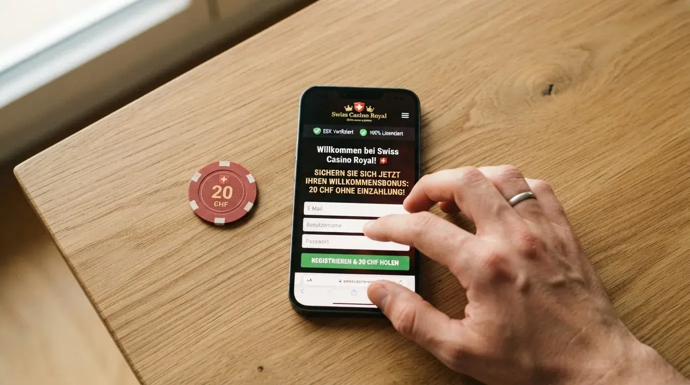 Nahaufnahme eines Schweizer Franken-Scheins neben einem Smartphone mit geöffneter Casino-Registrierungsseite