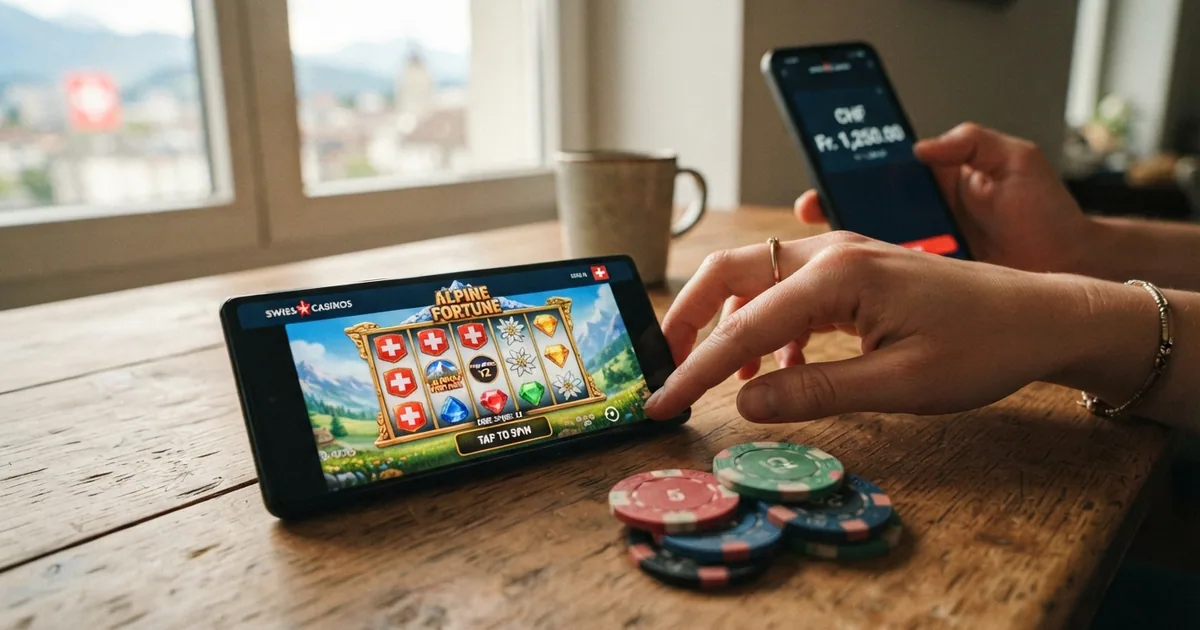 Ein Smartphone mit geoeffneter Casino-App liegt neben Schweizer Franken-Banknoten auf einem Holztisch