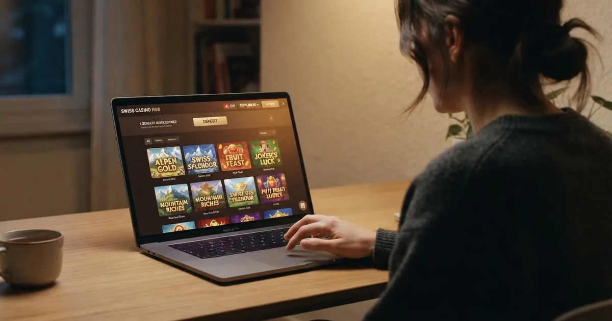 Schweizer Online-Casino-Startseite auf einem Laptop-Bildschirm mit sichtbarem Einzahlungsbereich und Spielauswahl