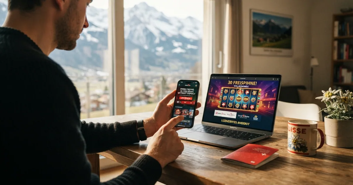 Ein Smartphone und ein Laptop zeigen die Startseiten lizenzierter Schweizer Online-Casinos mit Freispiel-Angeboten, daneben liegt ein Schweizer Pass