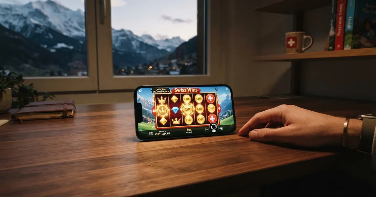 Startseite eines Schweizer Online-Casinos mit Willkommensbonus-Werbung auf dem Bildschirm
