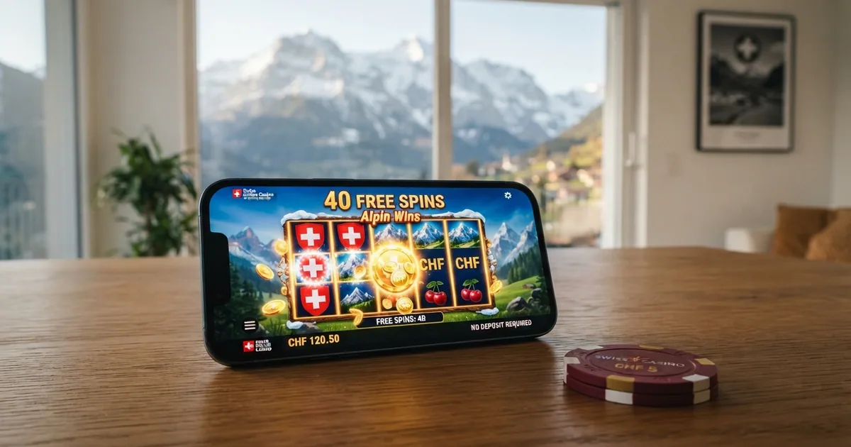 Mobiltelefon mit Casino-App und eingeblendeten Freispielen vor Schweizer Flagge