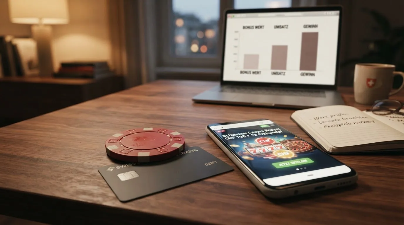 Eine Schweizer Franken-Münze auf einer Tischplatte neben einem geöffneten Laptop mit Casino-Startseite