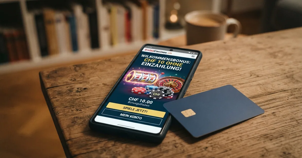 Ein Smartphone mit geöffneter Schweizer Casino-App, daneben Schweizer Franken-Münzen und ein Willkommensbildschirm mit Bonus-Anzeige