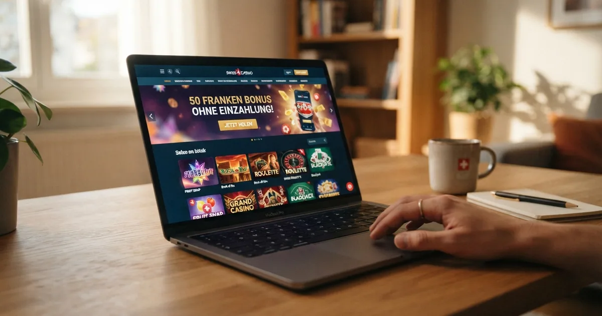 Schweizer Online-Casino auf einem Laptop-Bildschirm mit hervorgehobenem 50-Franken-Bonus-Angebot