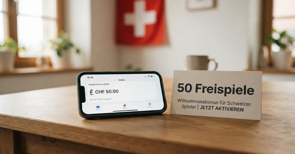 Eine geöffnete Wallet-App auf einem Smartphone-Bildschirm, daneben das Schweizer Wappen und ein mit «50 Freispiele» beschriftetes Casino-Werbeplakat