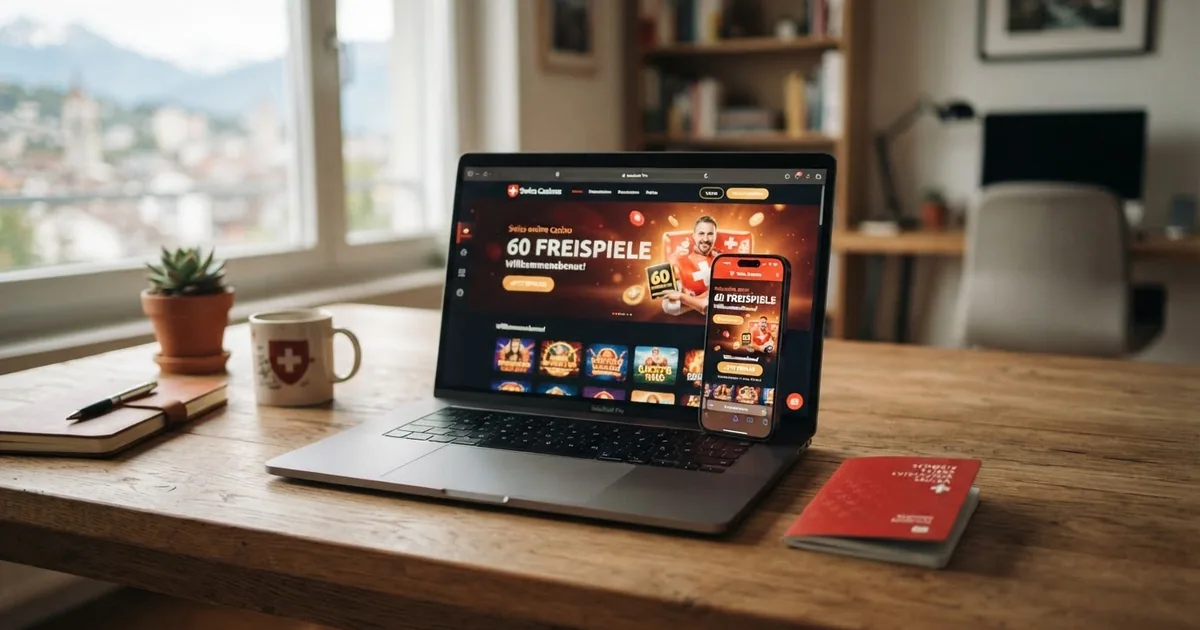 Ein Smartphone und ein Laptop zeigen die Startseite eines Schweizer Online-Casinos mit Freispiel-Werbung, daneben liegt ein Schweizer Pass.