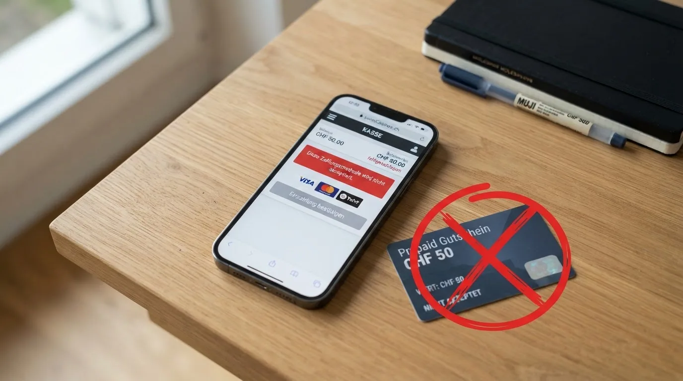 Ein durchgestrichener Amazon-Gutscheincode neben dem Logo eines Schweizer Online-Casinos