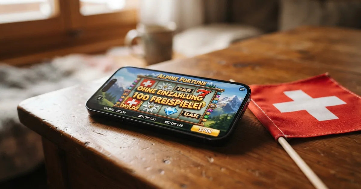 Eine Nahaufnahme eines Smartphone-Bildschirms mit einem sich drehenden Slot-Walzen-Symbol und dem Text «Freispiele» in der Spieloberfläche, daneben eine Schweizer Flagge