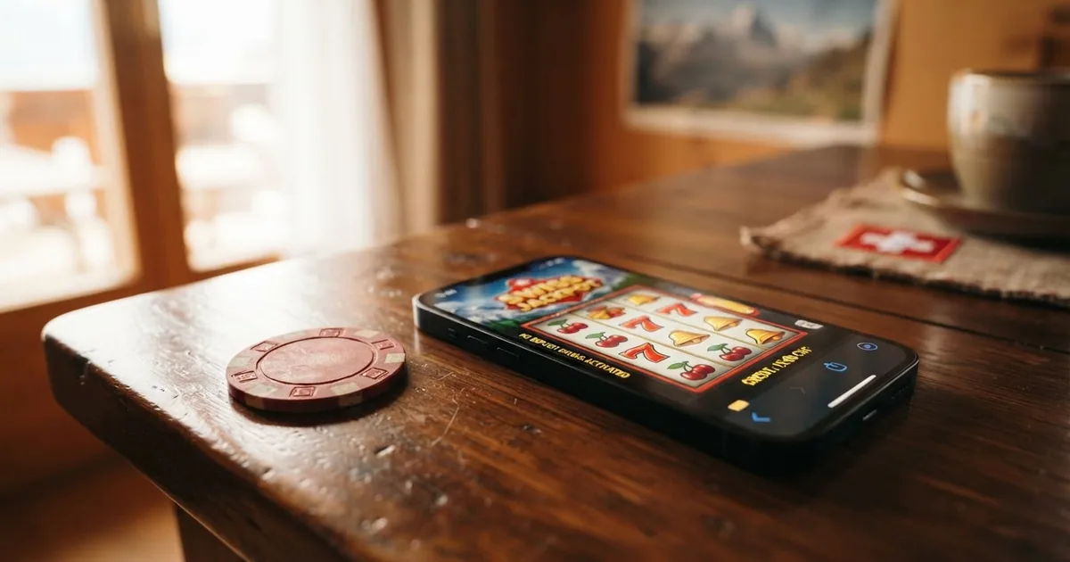 Schweizer Online-Casino-Startseite mit hervorgehobenem Bonus-ohne-Einzahlung-Banner auf einem Bildschirm, Schweizer Flagge im Hintergrund dezent sichtbar