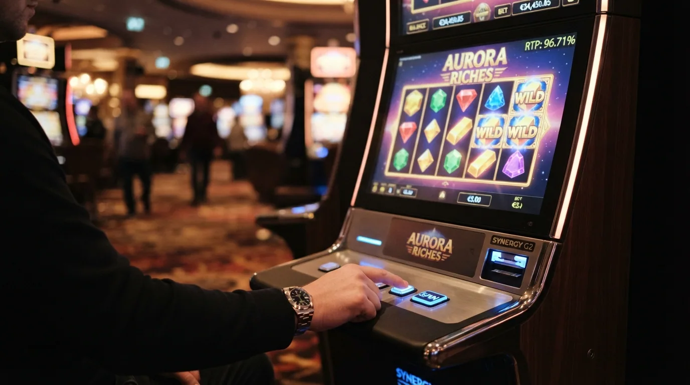 Spielautomat mit eingeblendeter RTP-Prozentzahl und Volatilitätsanzeige