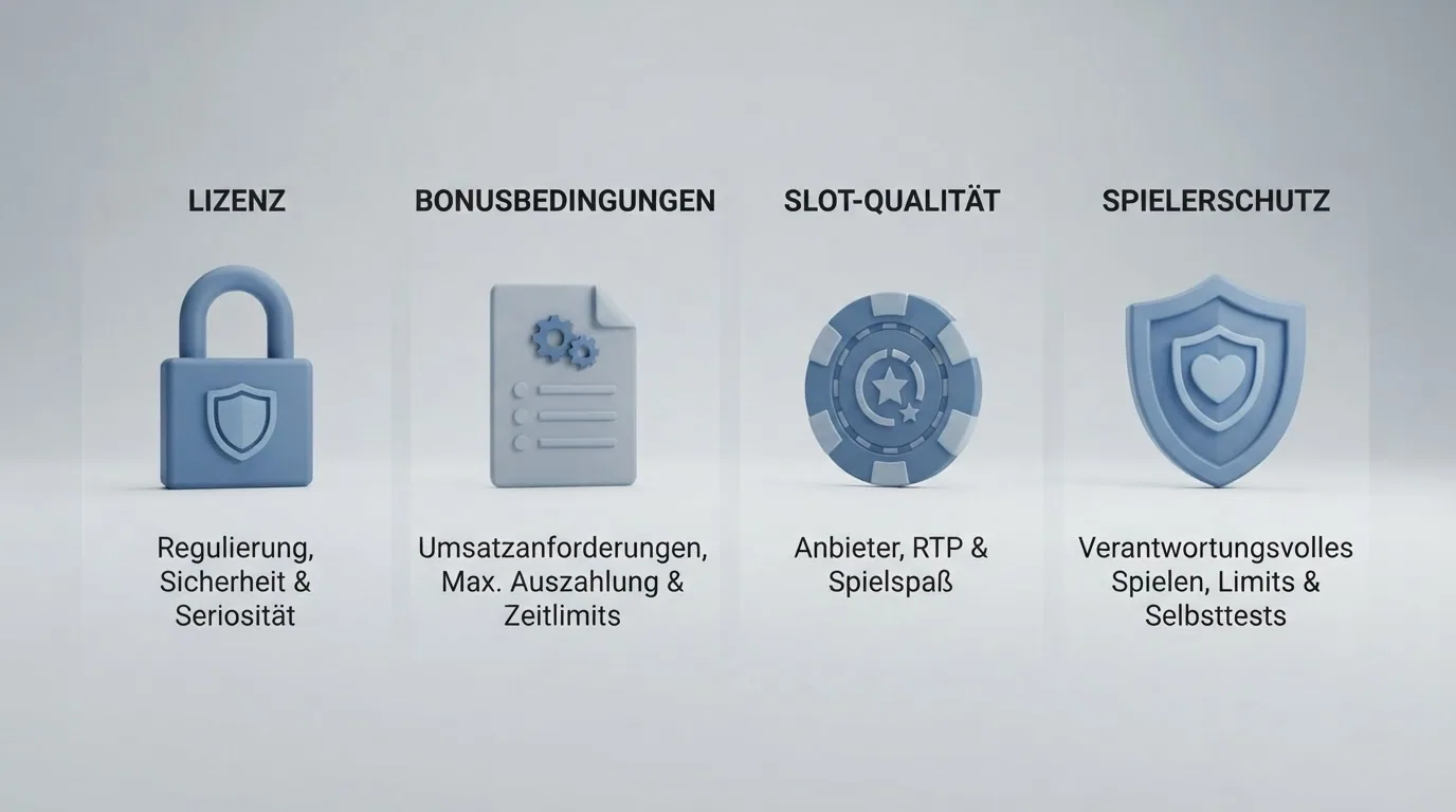 Grafische Übersicht der Bewertungskriterien: Lizenz, Bonusbedingungen, Slot-Qualität und Spielerschutz als Säulenmodell