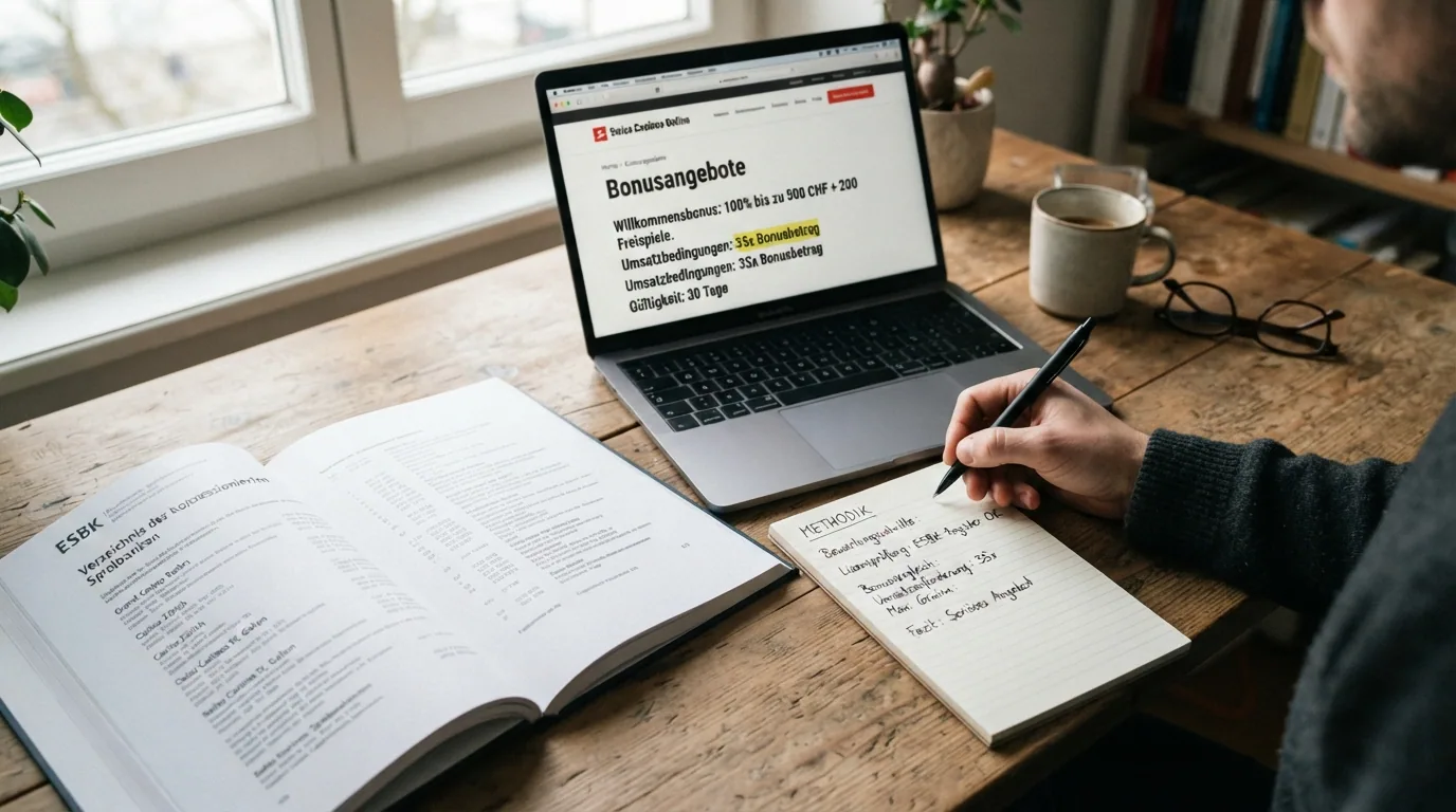 Eine aufgeschlagene ESBK-Liste lizenzierter Online-Spielbanken neben einem Bildschirm mit den Bonus-Seiten der zehn geprüften Anbieter