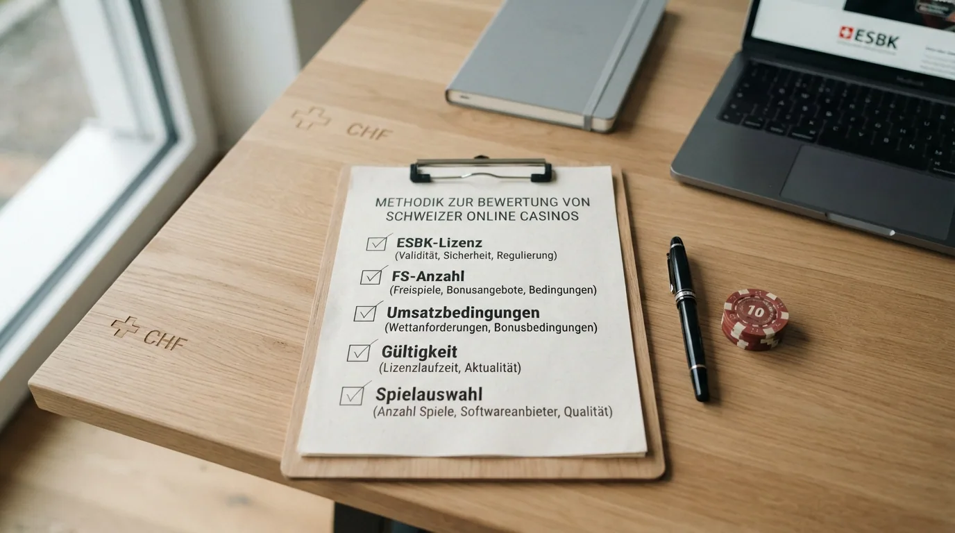 Eine Checkliste mit fünf abgehakten Kriterien: ESBK-Lizenz, FS-Anzahl, Umsatzbedingungen, Gültigkeit, Spielauswahl