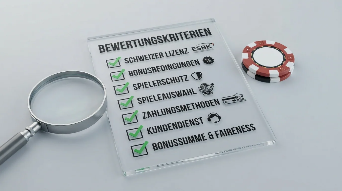 Eine Checkliste mit Bewertungskriterien wie Schweizer Lizenz, Bonusbedingungen, Transparenz und Spielerschutz