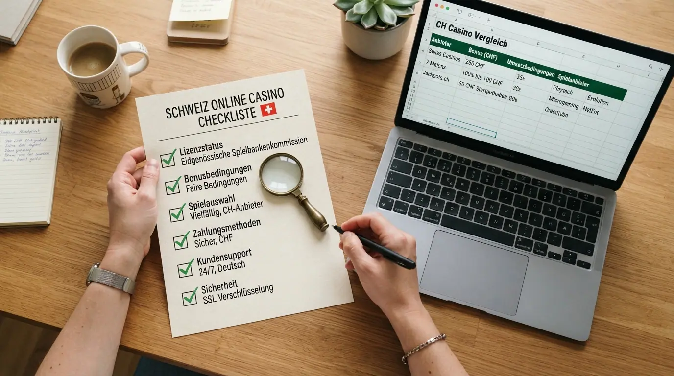 Eine Checkliste mit Lupensymbol und den abgehakten Kriterien: ESBK-Register, Bonusbedingungen, Quellenangaben, Stand März 2026