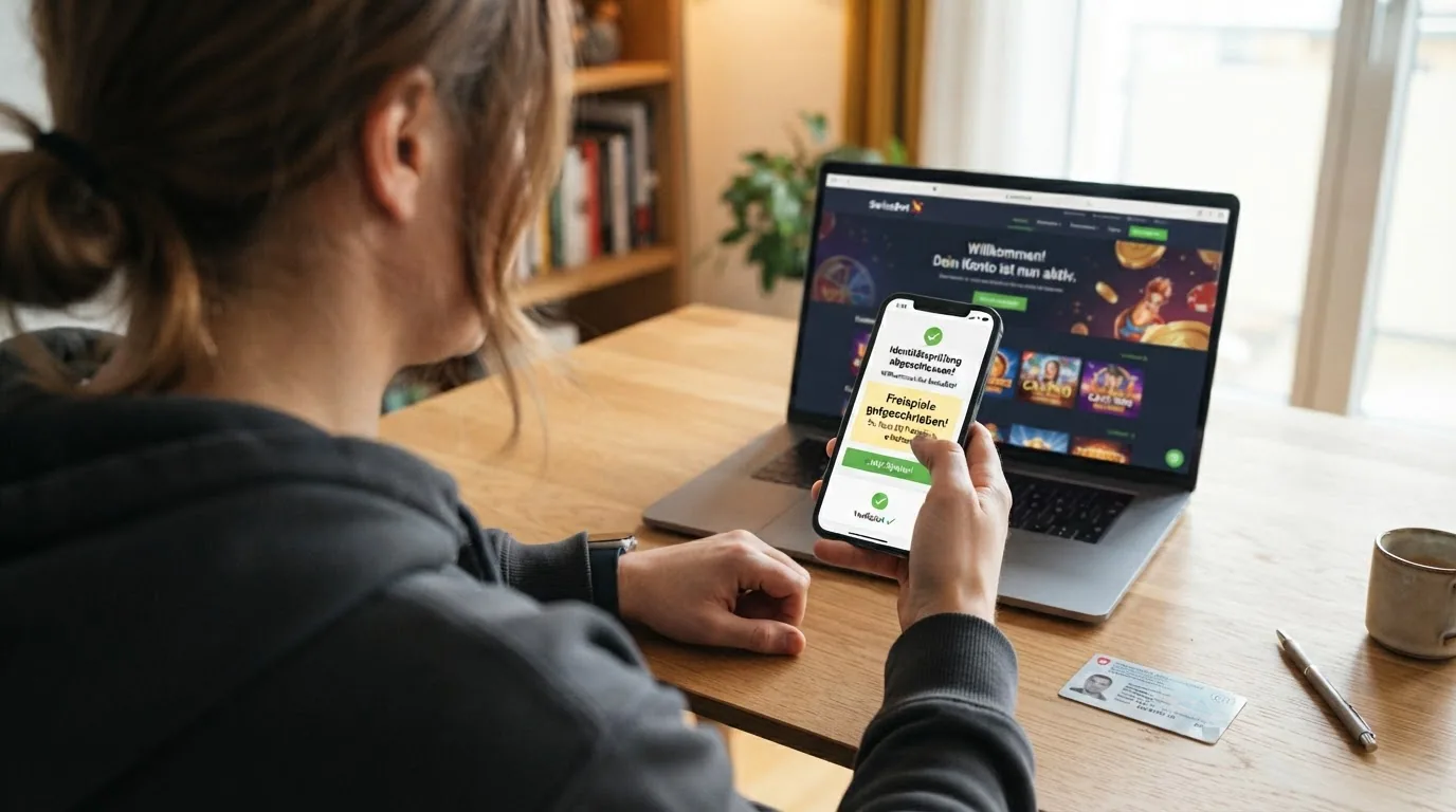 Ein Smartphone-Bildschirm mit dem letzten Schritt der Identitätsverifikation, daneben das Casino-Logo und ein «Freispiele gutgeschrieben»-Hinweis