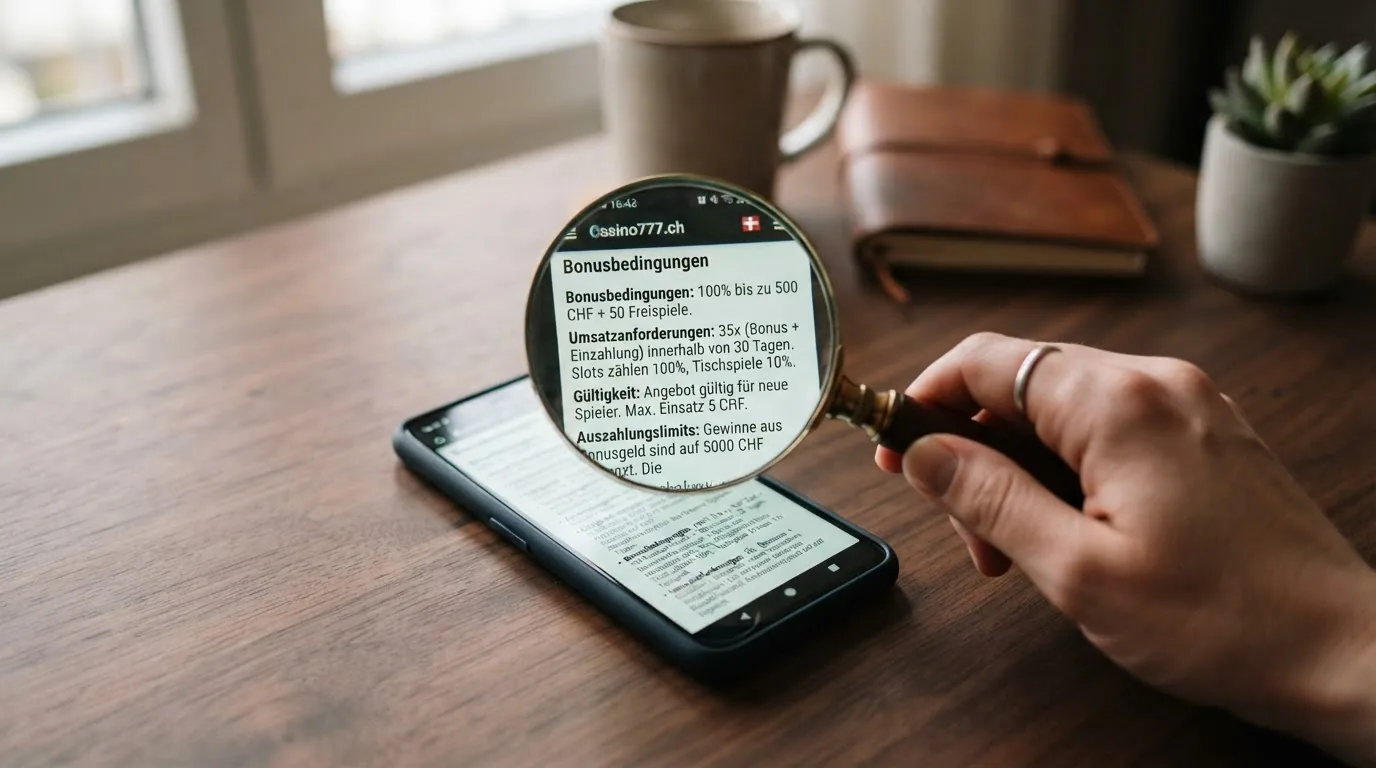 Nahaufnahme einer Lupe über einem Smartphone-Display, das Bonusbedingungen und Umsatzanforderungen in einer Casino-App zeigt.
