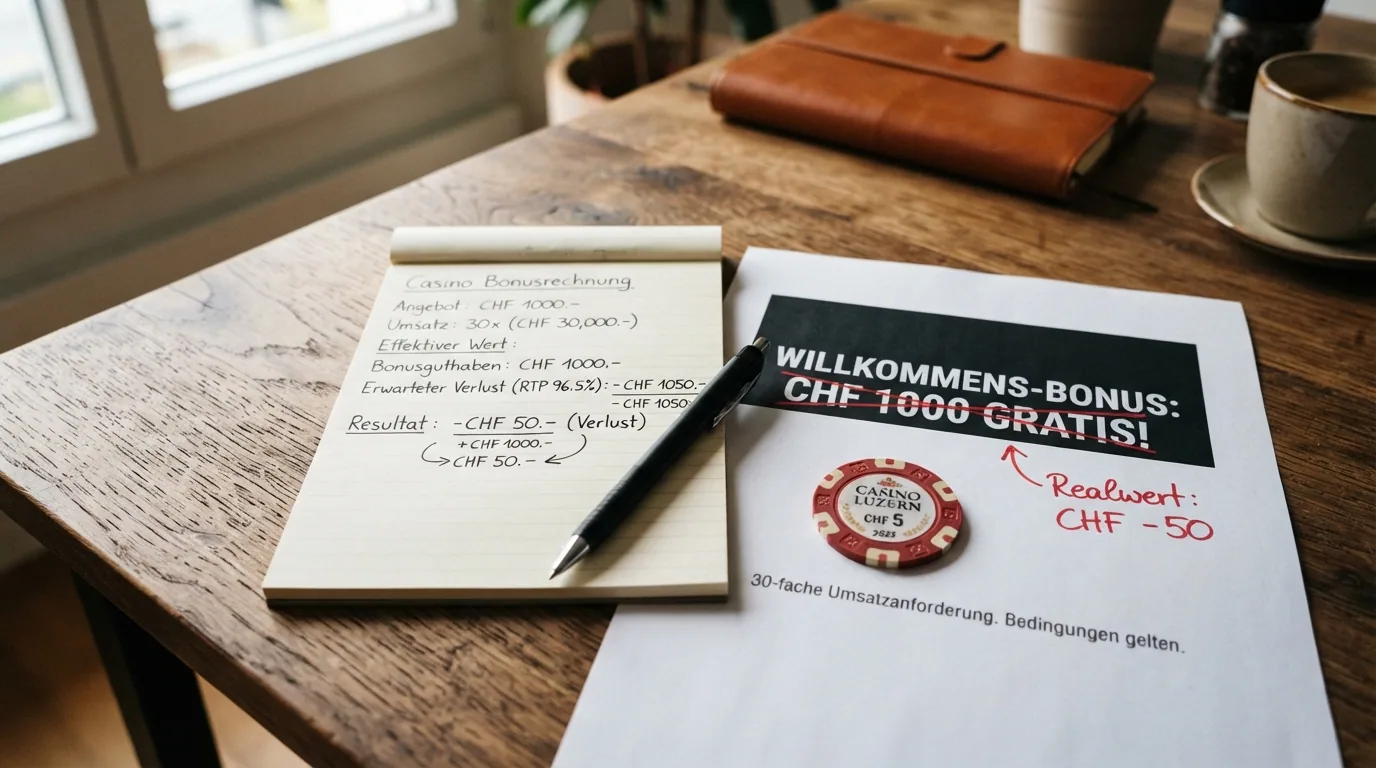 Ein Taschenrechner neben einem Bonus-Angebot mit durchgestrichenem Werbe-Betrag und handschriftlich notiertem Realwert