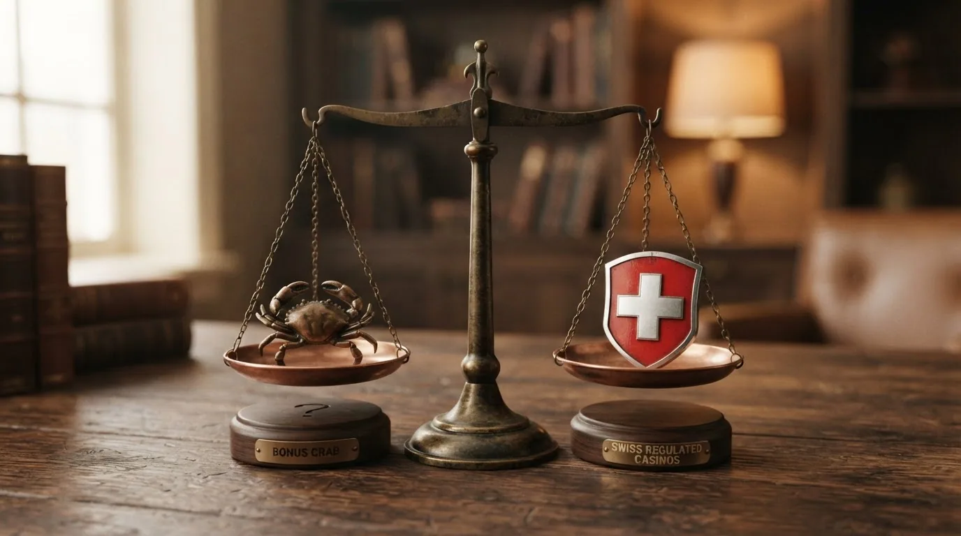Eine Waage: linke Schale ein Krabben-Symbol mit «?»-Markierung, rechte Schale ein Schweizer Kreuz-Schild mit «✓»