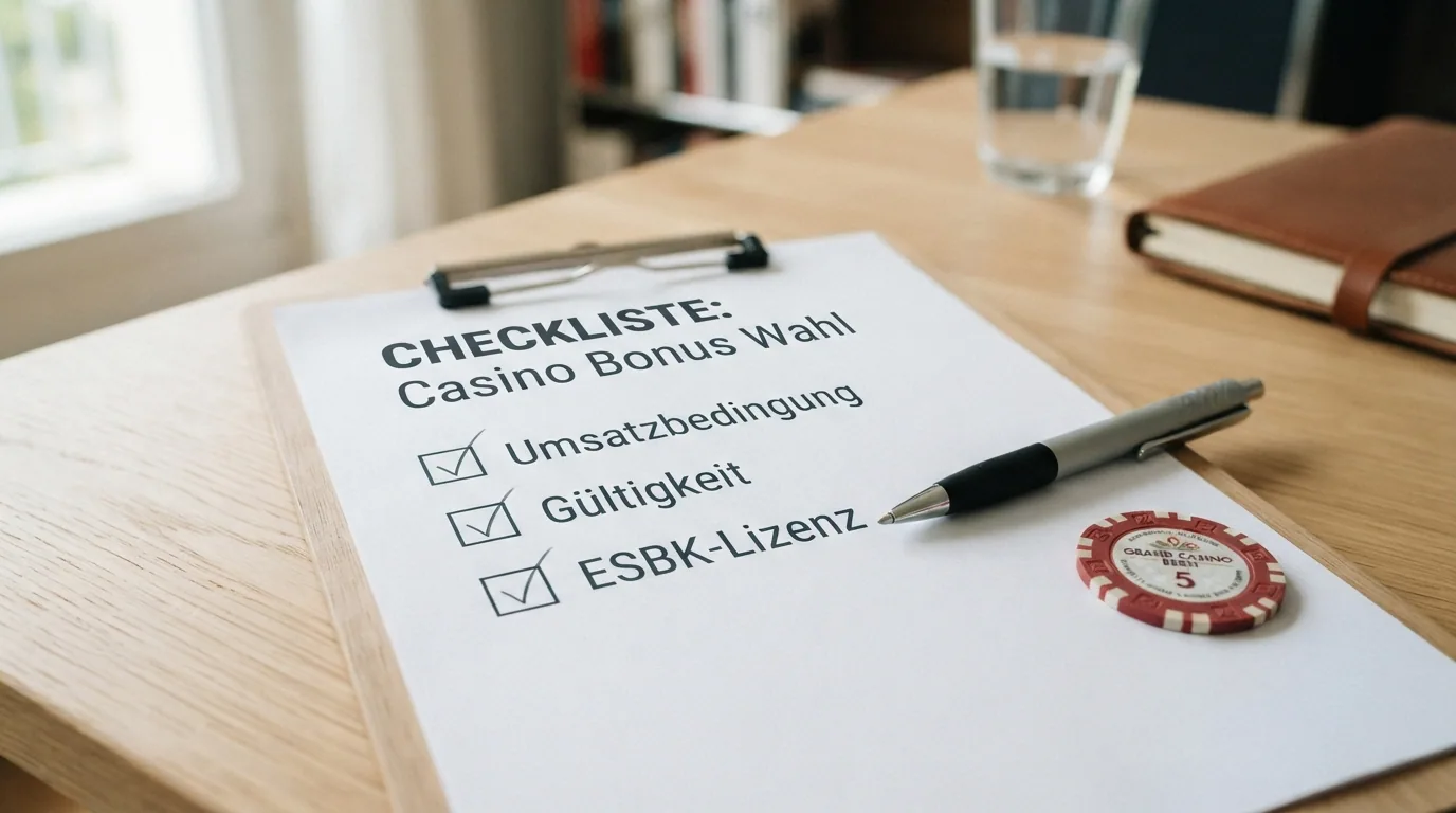 Eine Checkliste mit drei abgehakten Punkten: Umsatzbedingung, Gültigkeit, ESBK-Lizenz