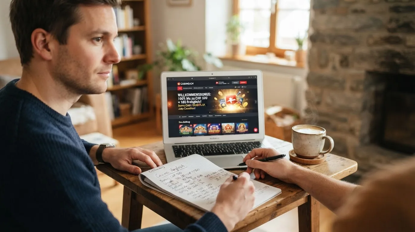 Eine Person sitzt nachdenklich vor einem Laptop mit einer Casino-Startseite, eine Tasse Kaffee daneben, im Hintergrund ein Fenster mit Tageslicht
