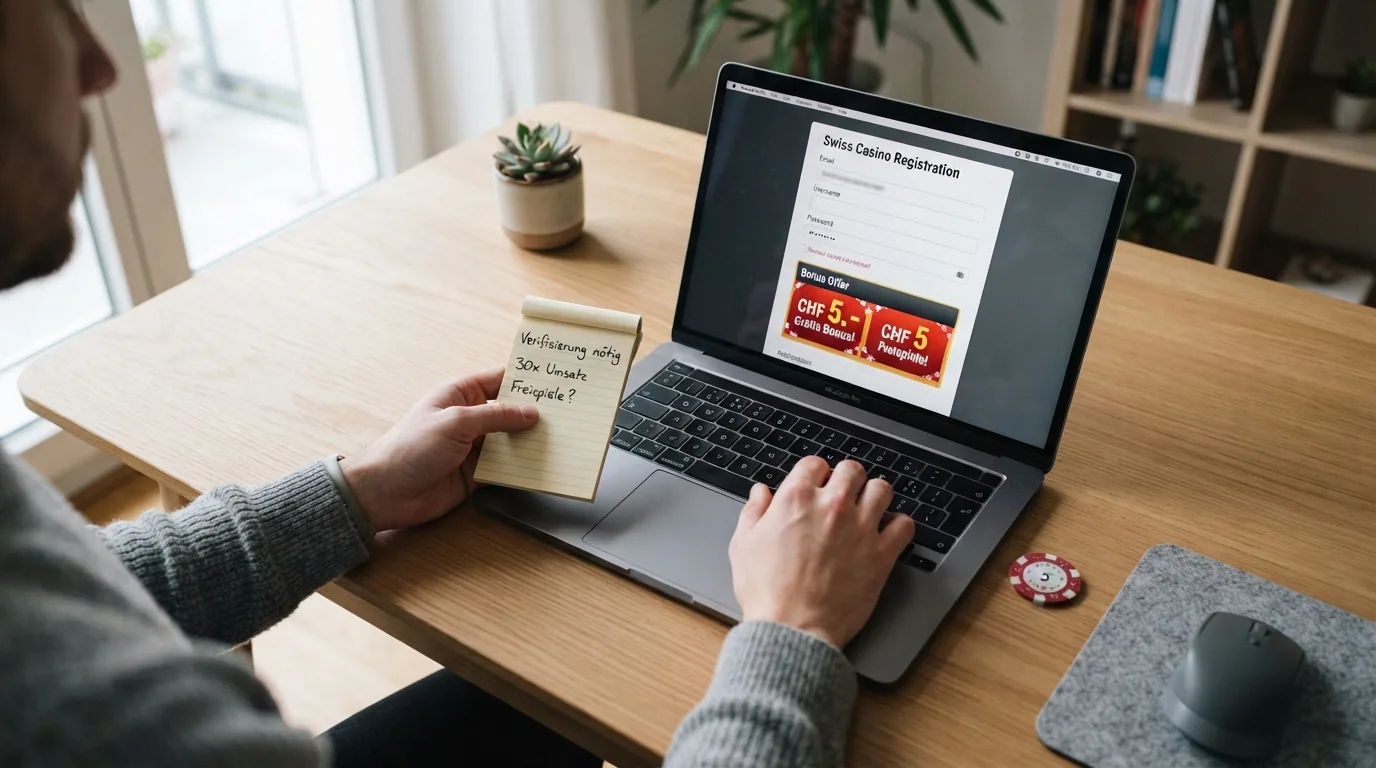 Ein Schweizer Online-Casino-Anmeldeformular mit hervorgehobenem Bonus-Feld und einem eingeblendeten 5-Franken-Symbol
