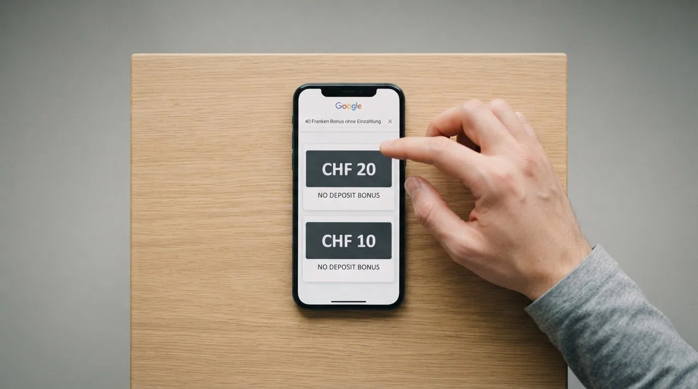 Gegenüberstellung: Suchbegriff «40 Franken Bonus ohne Einzahlung» in der Suchleiste und darunter die tatsächlichen Angebote CHF 20 und CHF 10