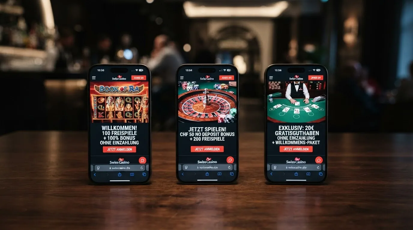 Drei nebeneinanderliegende Schweizer Casino-Willkommensbildschirme mit unterschiedlichen No-Deposit-Angeboten
