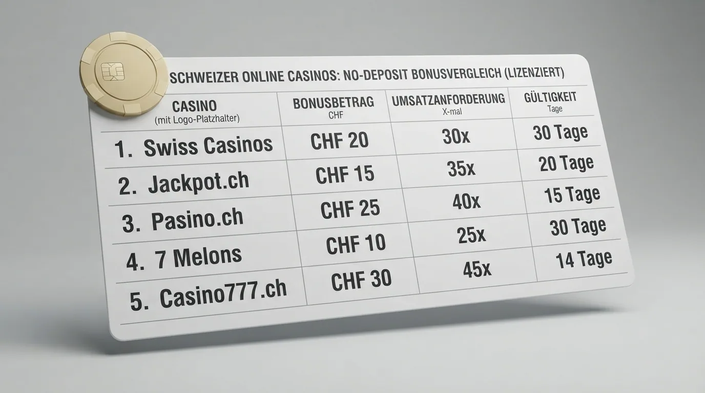 Übersichtstabelle mit den No-Deposit-Boni der fünf geprüften Casinos, die ein solches Angebot führen