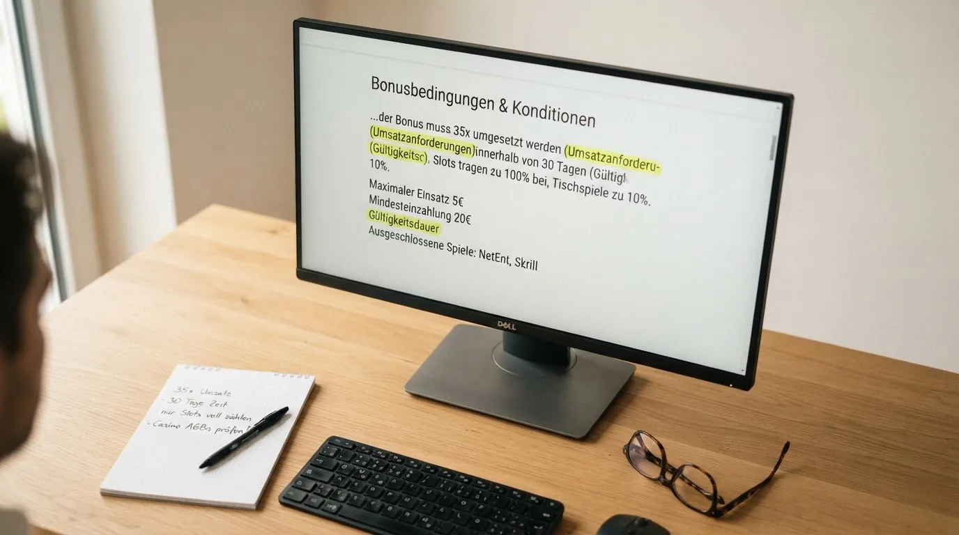 Eine Nahaufnahme von Bonusbedingungen auf einem Bildschirm — Umsatzanforderungen und Gültigkeitsdauer sind mit einem Textmarker hervorgehoben.