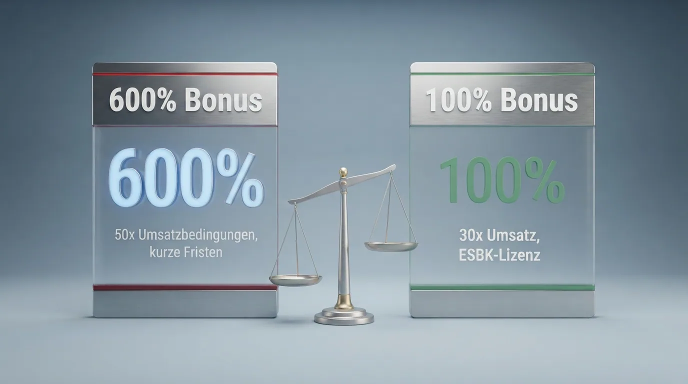 Grafische Gegenüberstellung: «600% Bonus» mit kleingedrucktem 50x-Umsatz vs. «100% Bonus» mit 30x-Umsatz und ESBK-Lizenzsiegel
