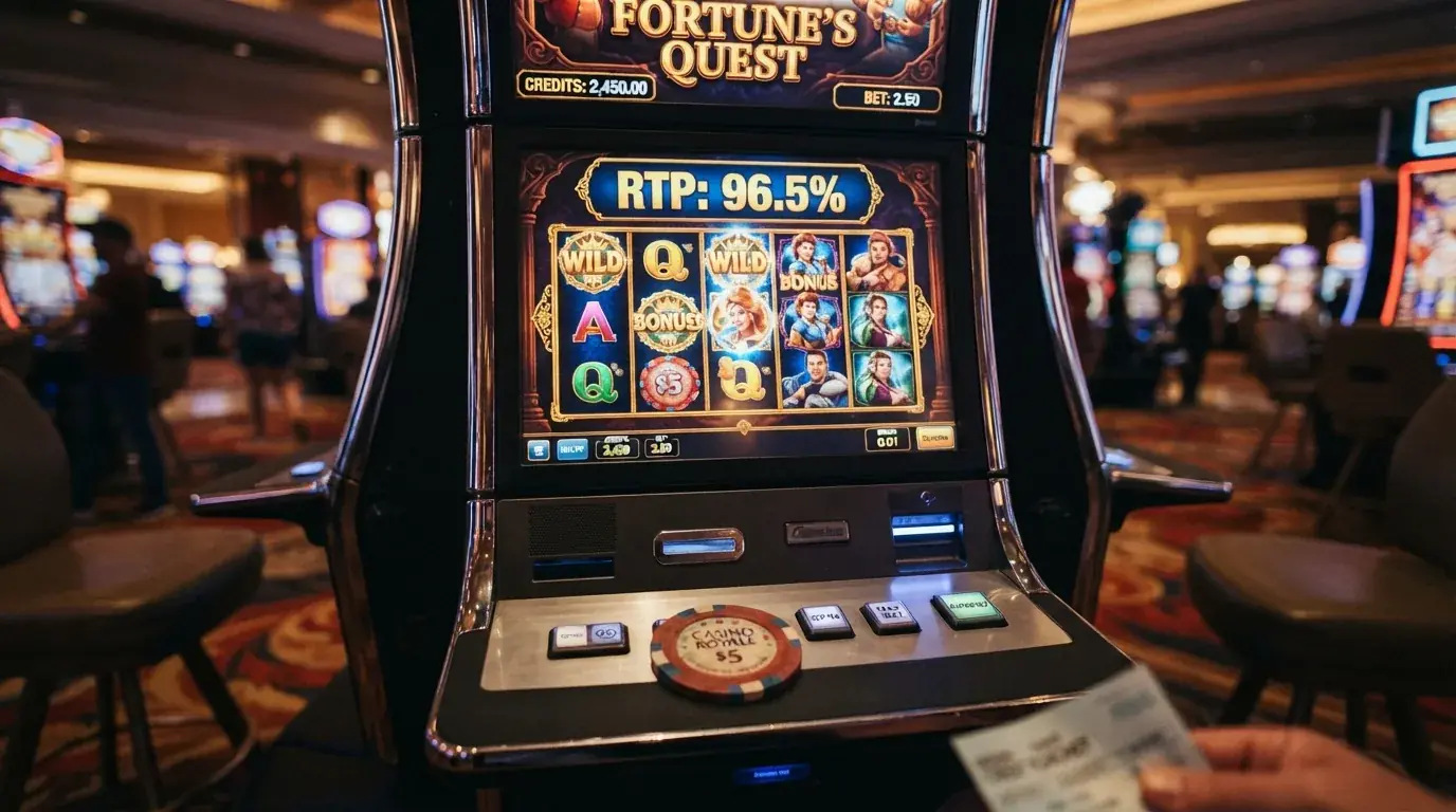 Spielautomat mit sichtbaren Walzen und Gewinnlinien, eingeblendet die RTP-Prozentzahl