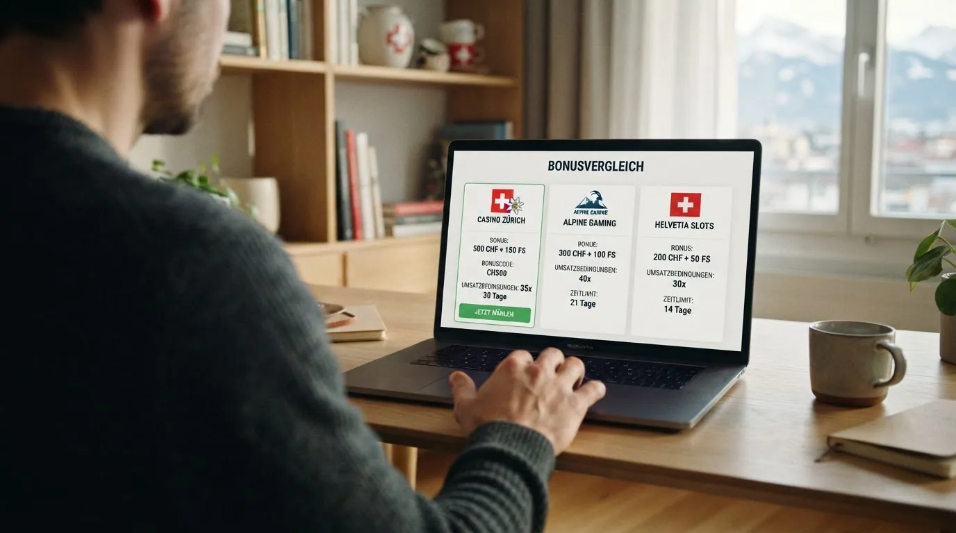 Eine Person vergleicht mehrere Casino-Bonus-Angebote auf einem Laptop