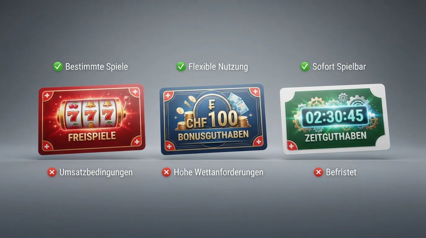 Drei nebeneinanderliegende Spielkarten: eine mit Freispiel-Symbol, eine mit CHF-Guthaben-Anzeige, eine mit Countdown-Uhr — jeweils mit Häkchen und Kreuz für Vor-/Nachteile