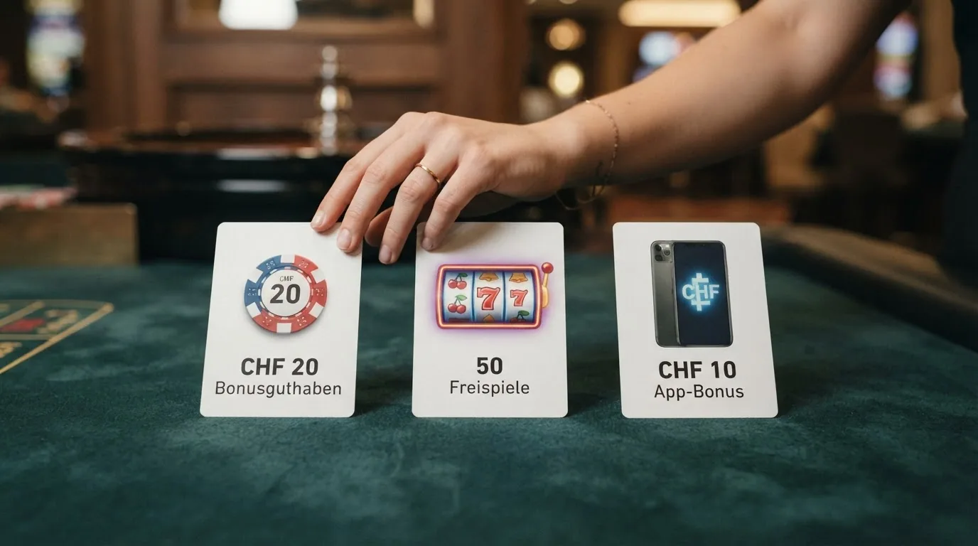 Drei nebeneinanderliegende Spielkarten: eine mit CHF-20-Schein, eine mit Freispiel-Symbol, eine mit Handy und CHF-10-Schein