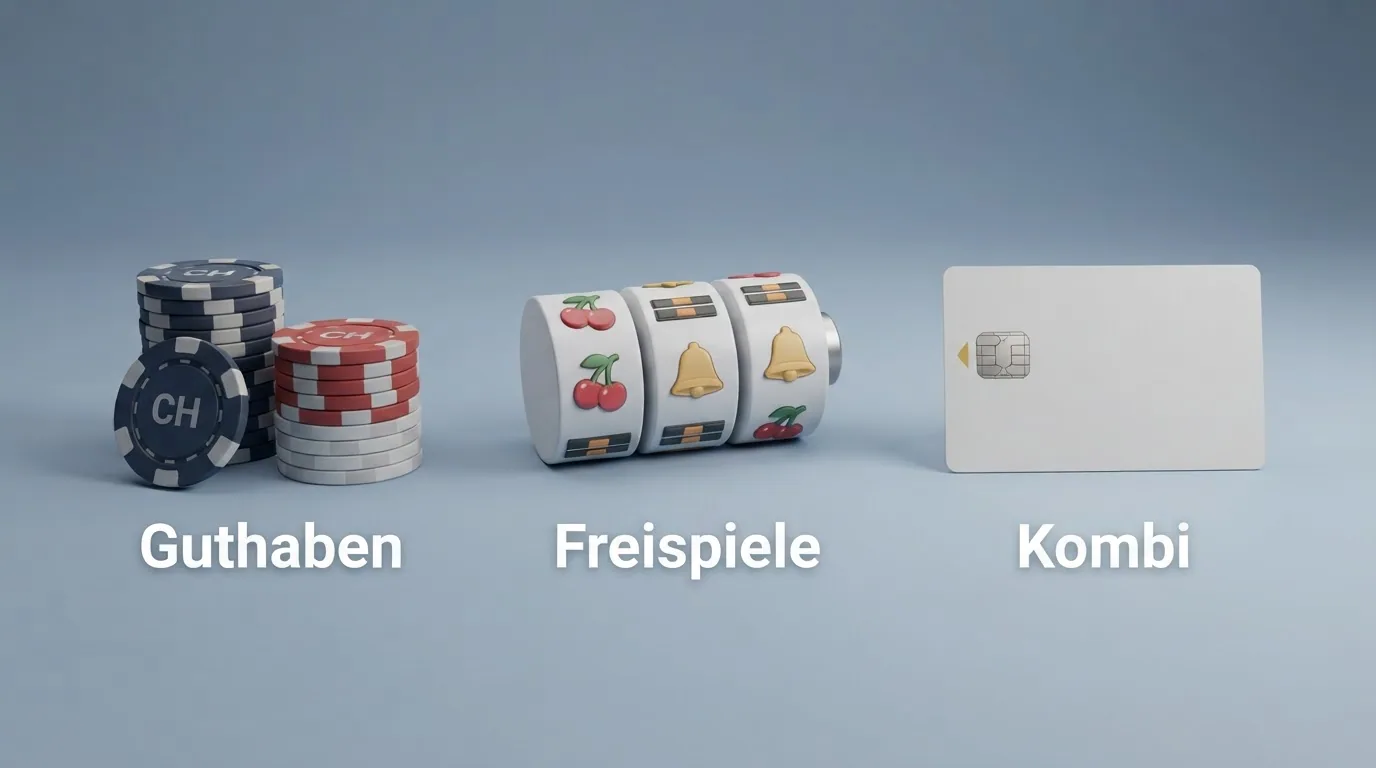Vergleichsdarstellung Freispiele vs. Bonusguthaben vs. Echtgeld-Bonus mit Symbolen