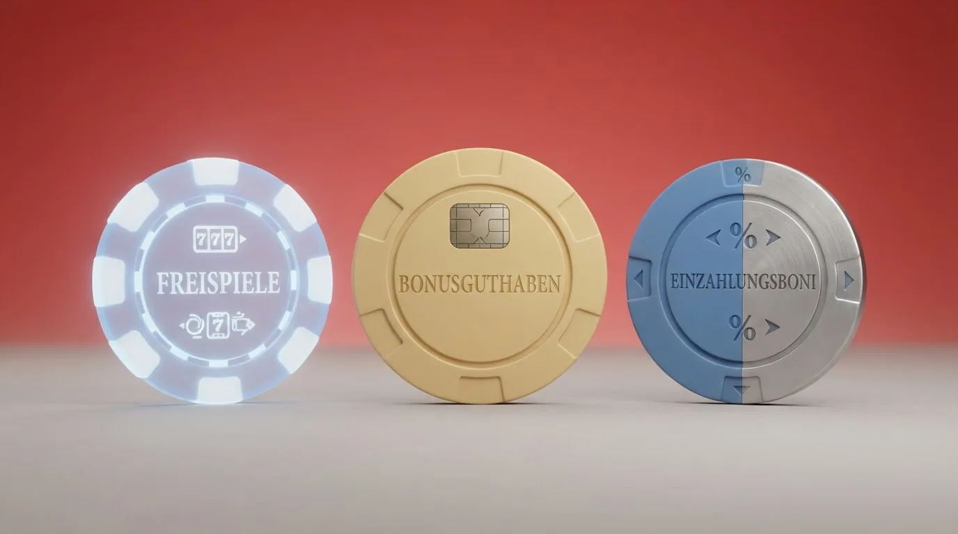 Drei visuell getrennte Kategorien: Freispiele, Bonusguthaben und Einzahlungsboni in symbolischer Darstellung