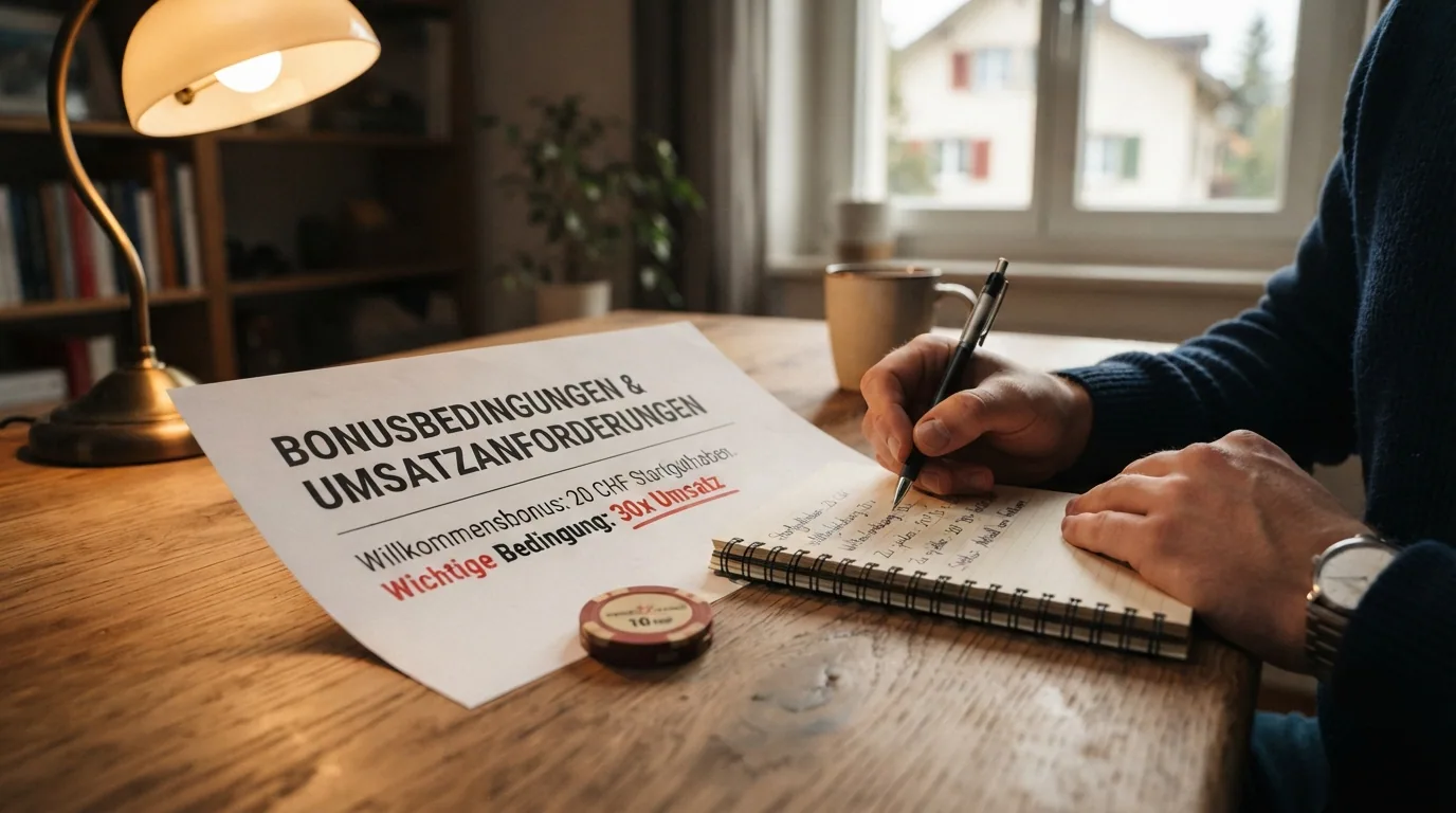 Eine Nahaufnahme von Bonusbedingungen mit hervorgehobener Umsatzbedingung «30x» und einem Taschenrechner daneben
