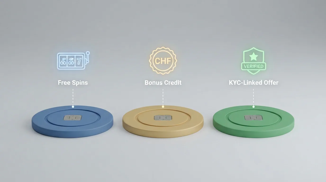 Drei Bonus-Typen — Freispiele, Bonusguthaben und Verifizierungsbonus — als visuelle Gegenüberstellung