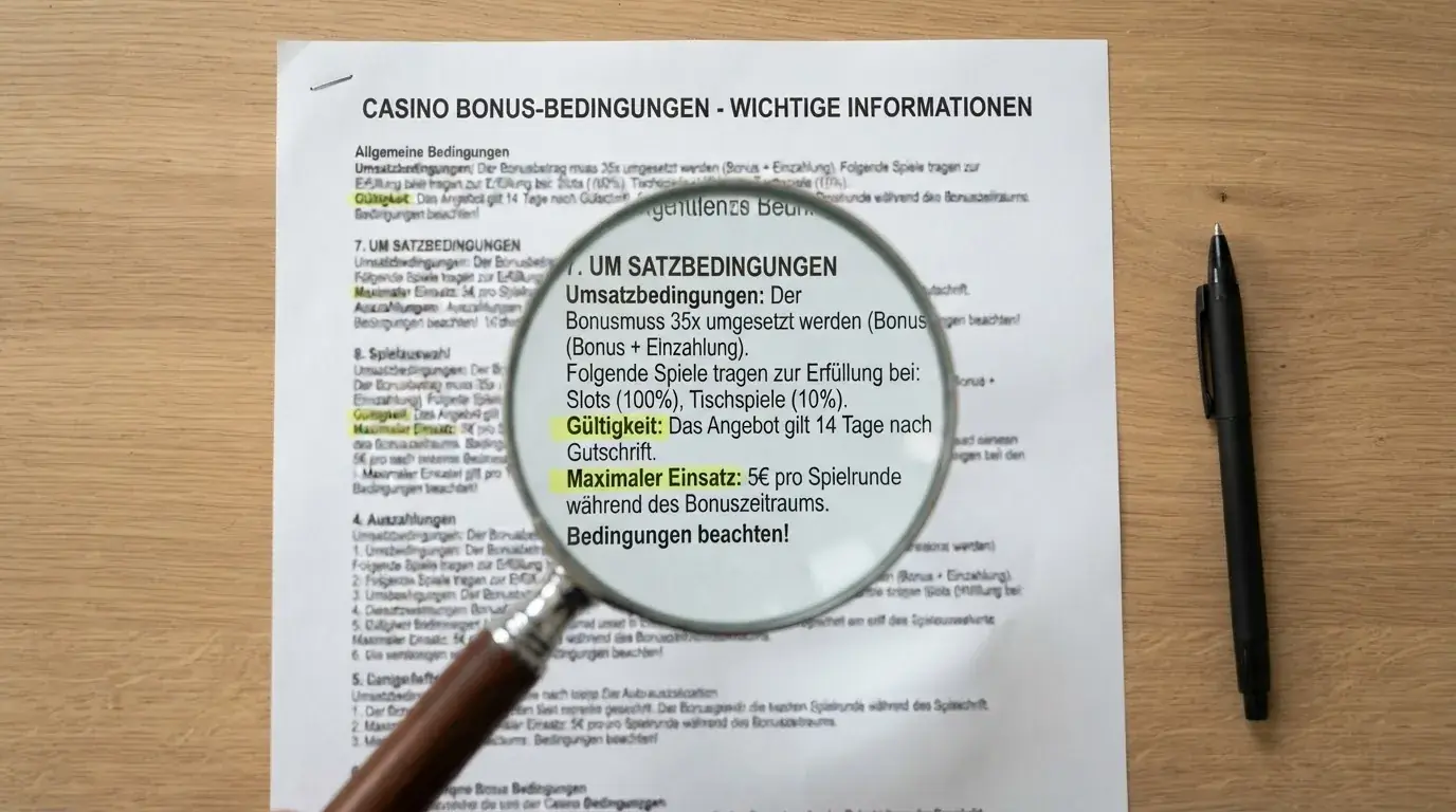 Eine ausgedruckte Casino-Bonusbedingungen-Seite mit einer Lupe über dem Absatz «Umsatzbedingungen», Textmarker-Hervorhebungen auf den Zeilen «Gültigkeit» und «Maximaler Einsatz»