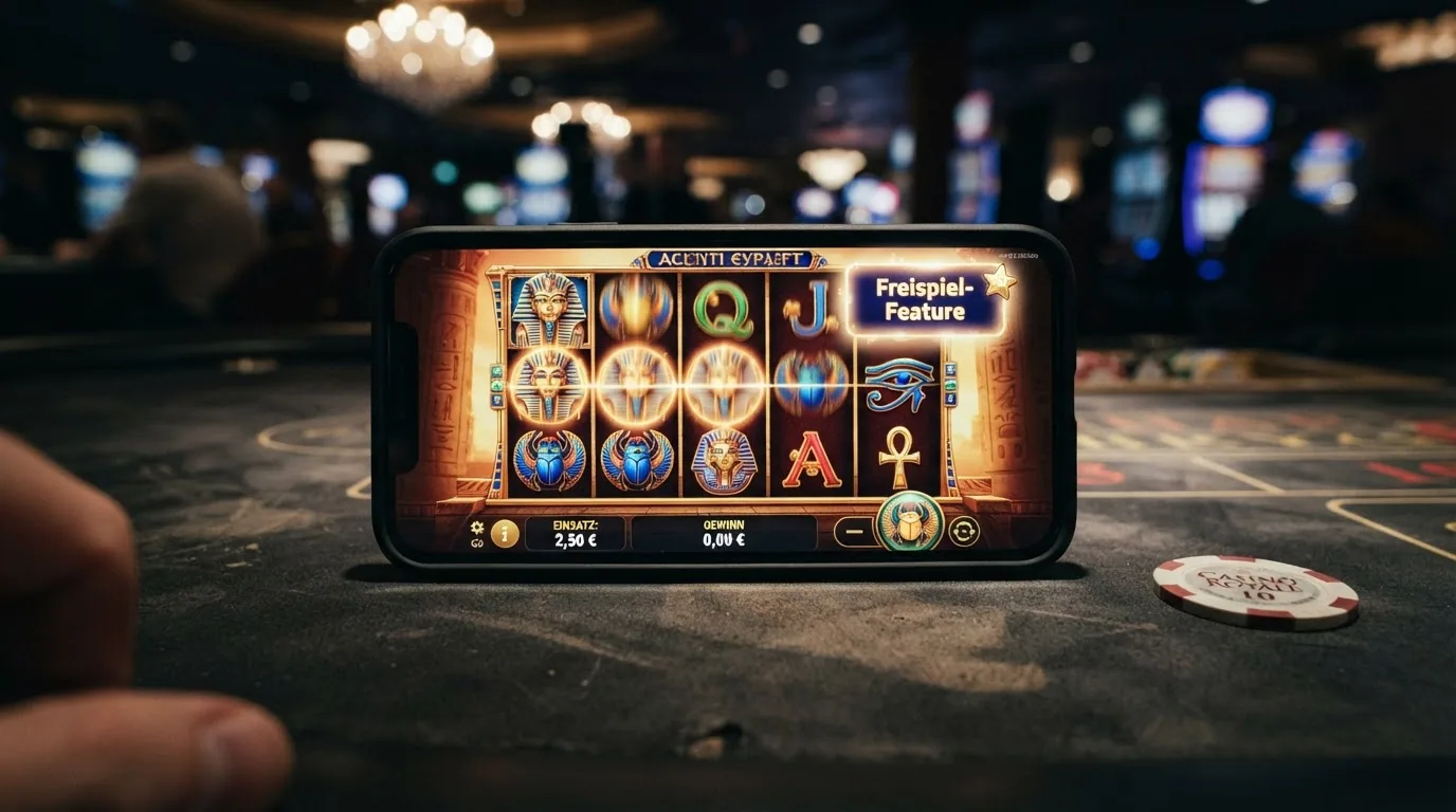 Spielbildschirm des Slots Book of Dead mit den altägyptischen Symbolen und dem Freispiel-Feature