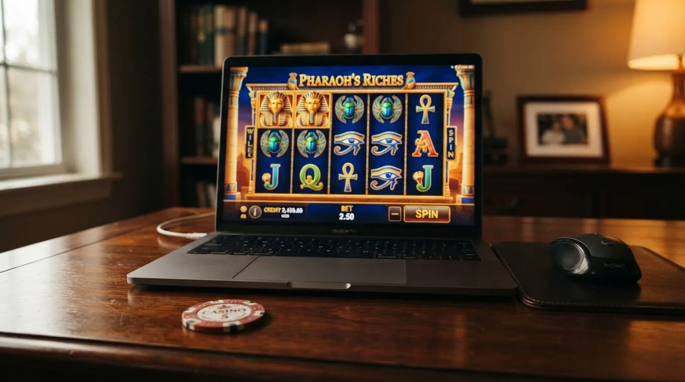 Das Spielraster von Book of Dead mit den fünf Walzen und ägyptischen Symbolen, im Vordergrund das Startguthaben-Freispiel-Symbol
