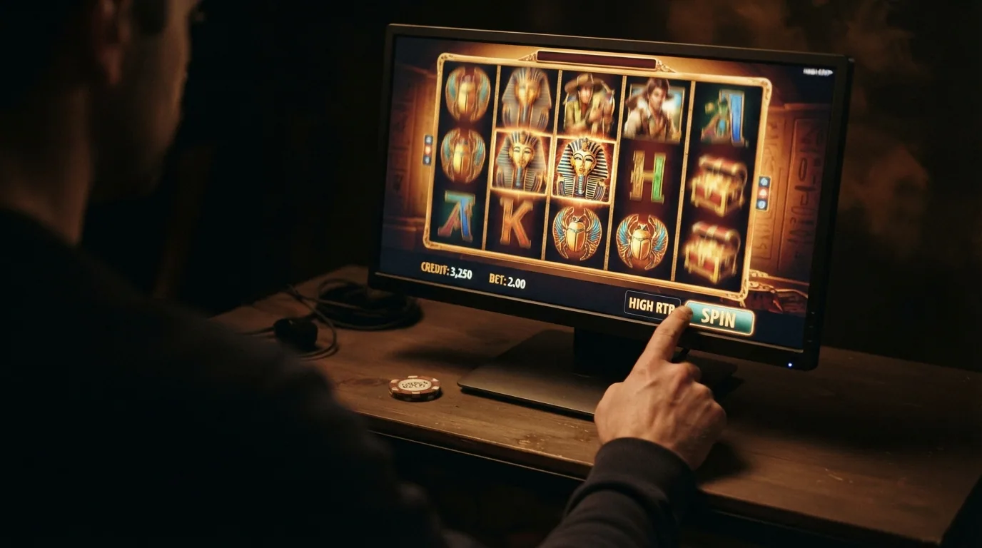 Der Spielbildschirm des Slots Book of Dead mit fünf Walzen, ägyptischen Symbolen und dem Rich-Wild-Abenteurer