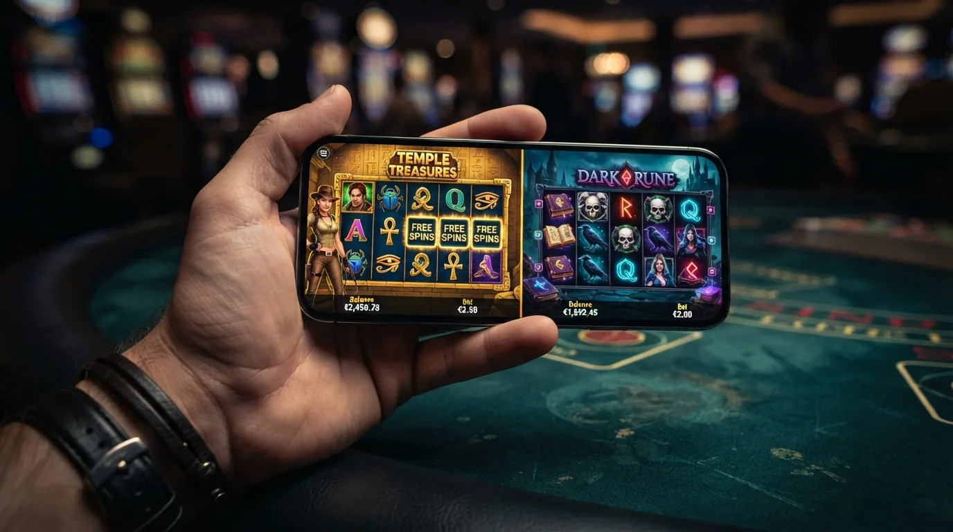Die Spielbildschirme von Book of Dead und Rich Wilde and the Tome of Madness nebeneinander, mit hervorgehobenen Scatter-Symbolen
