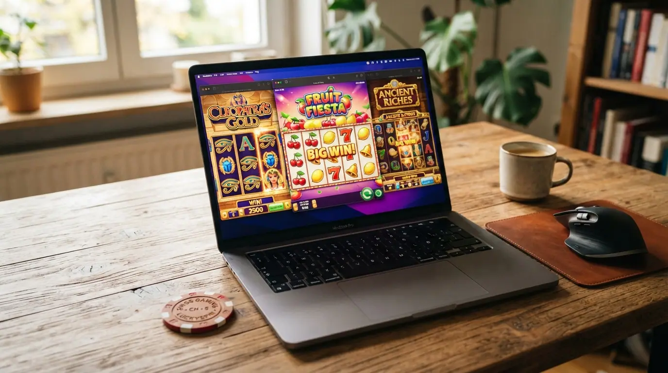 Bildschirm mit drei nebeneinander geöffneten Slot-Fenstern: Book of Ra, Sizzling Hot und Eye of Horus