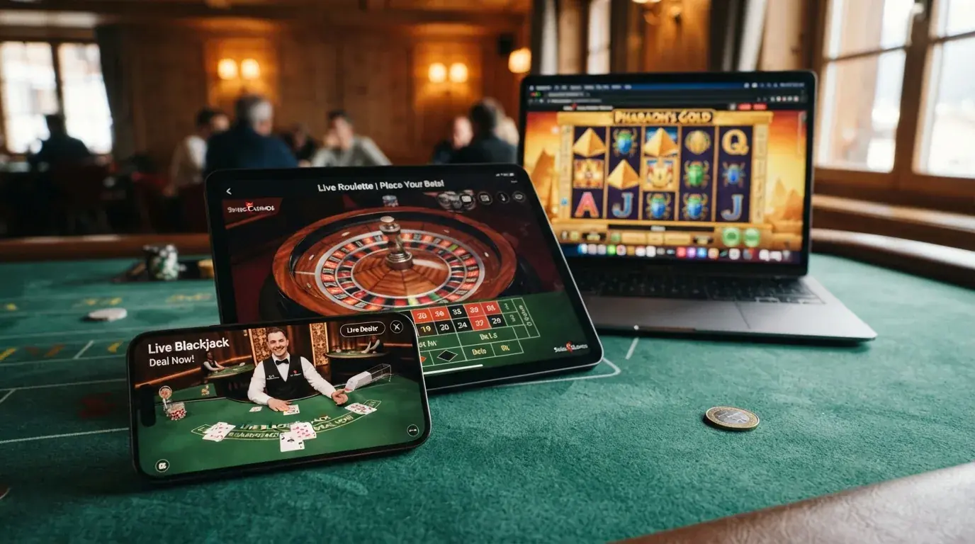 Collage aus drei Spielen im Browser: Book of Dead, Roulette-Tisch und Smartphone mit Starburst