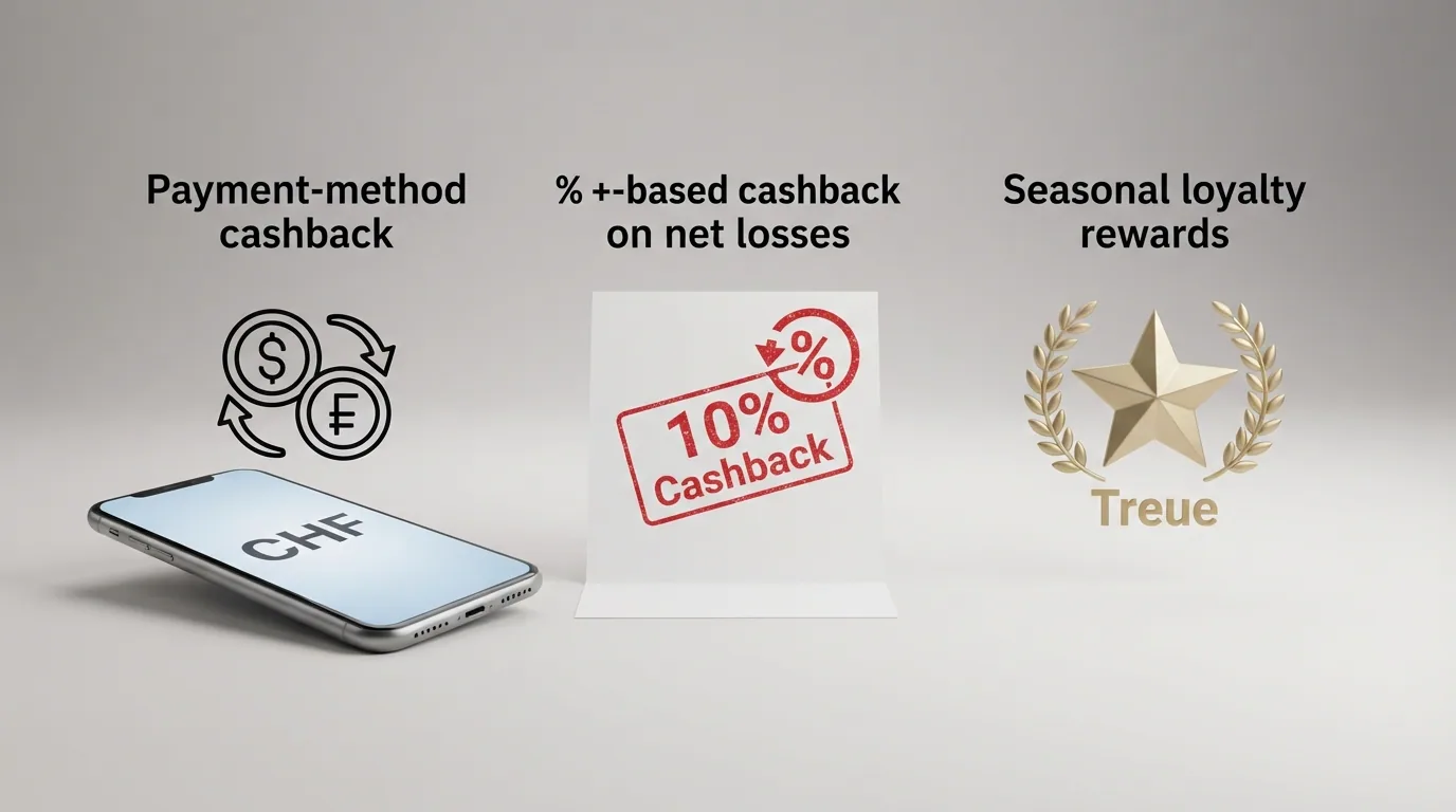 Drei visuelle Säulen: ein TWINT-Logo (4 % Cashback), ein Rabatt-Stempel (Prozentsatz-Cashback), ein Treue-Stern (Loyalty-Rewards).