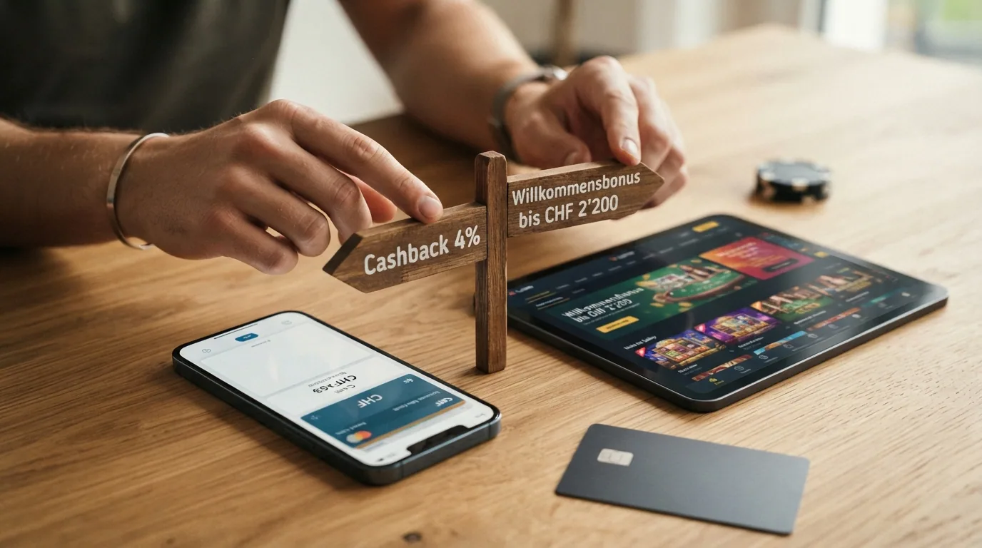 Eine Weggabelung: linker Wegweiser «Cashback 4 %», rechter Wegweiser «Willkommensbonus bis CHF 2'200» — beide führen zu unterschiedlichen Spielertypen.