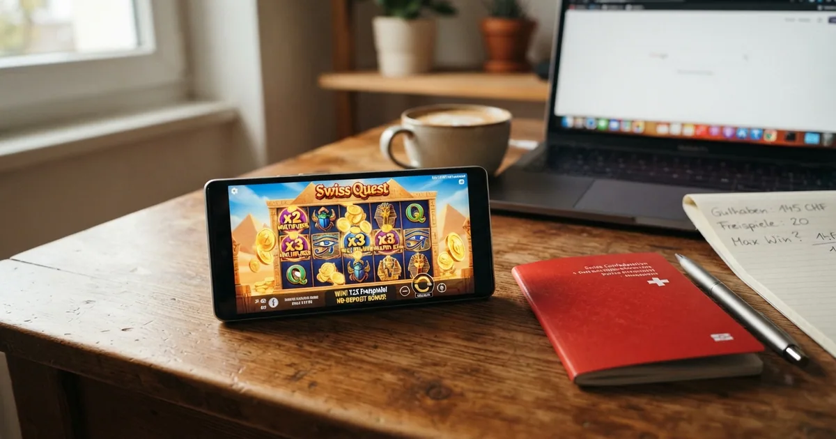Schweizer Online-Casino-Startseite mit hervorgehobenem Freispiel-Angebot auf dem Bildschirm, daneben ein Schweizer Pass als Identifikationssymbol